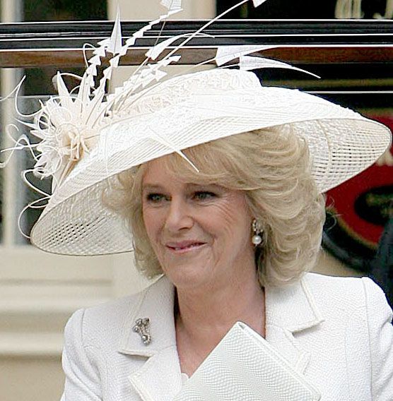 Queen Camilla wearing diamond and pearl earrings on her wedding day