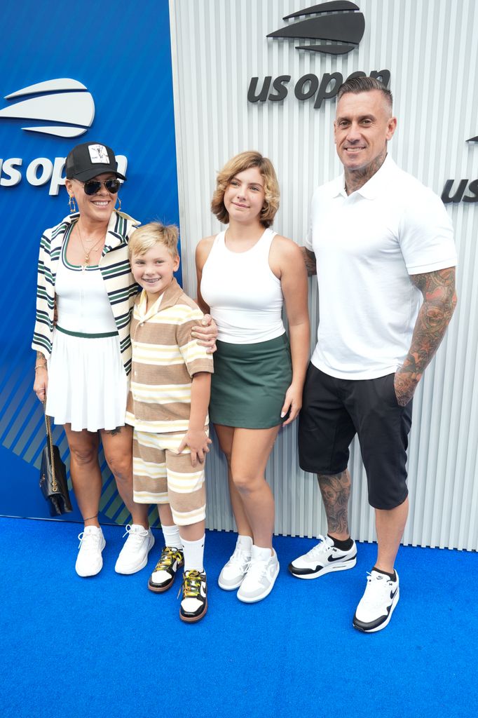Pink and her husband, Carey Hart, and their children Willow Sage and Jameson Moon at the 2025 U.S. Open Men's Finals in Queens, New York. 
