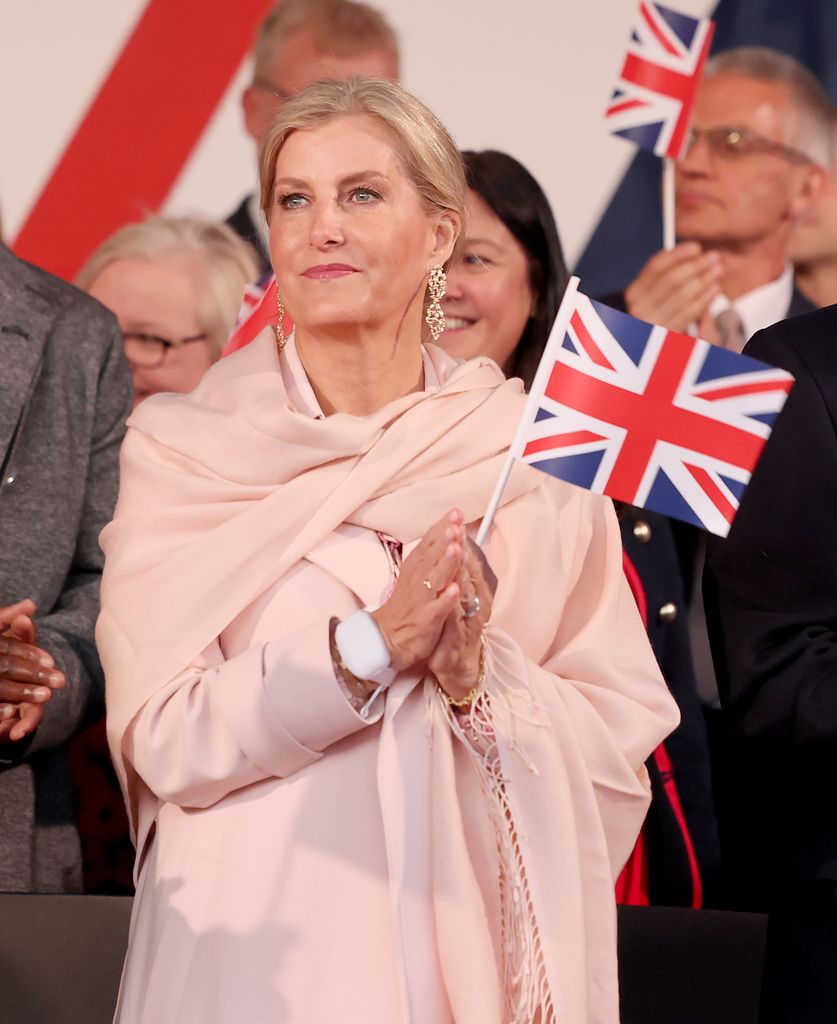 The Duchess of Edinburgh wore a blush pink coat to attend a concert to mark the 80th Anniversary of VE Day at Horse Guards Parade