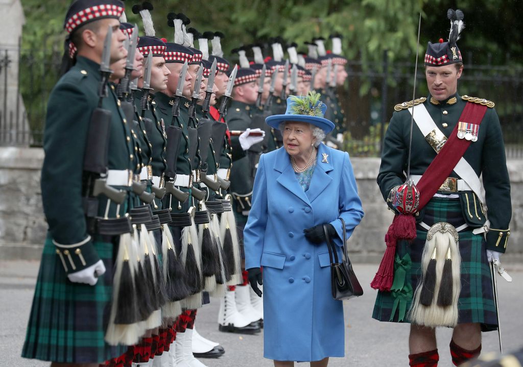 Queen Elizabeth II, with Officer Commanding Major Johnny Thompson, inspects Balaclava Company, 5 Battalion The Royal Regiment of Scotland in 2018