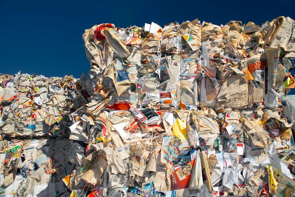 Stacks of paper and cardboard at a recycling plant