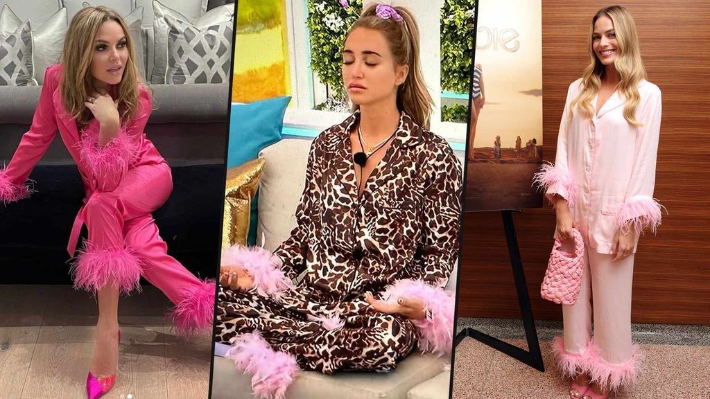 Celebrities wearing feather pajamas. Amanda Holden wearing Nadine Merabi, Georgia Harrison wearing Nasty Gal, Margot Robbie wearing Sleeper
