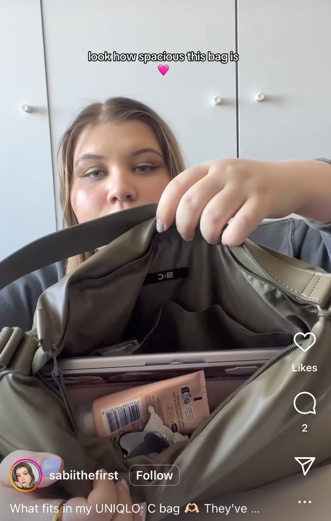 Influencer Sabiithefirst showing how spacious the viral Uniqlo bag is