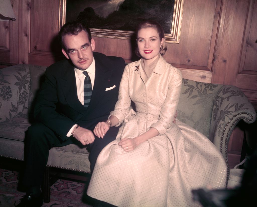 Prince Rainier and Grace Kelly pictured at the Kelly family home in 1956 after their engagement