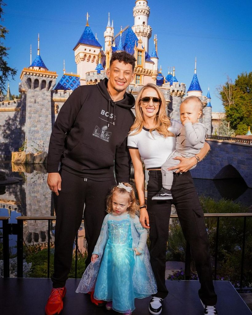 patrick mahomes with wife brittany and kids sterling and bronze at disneyland