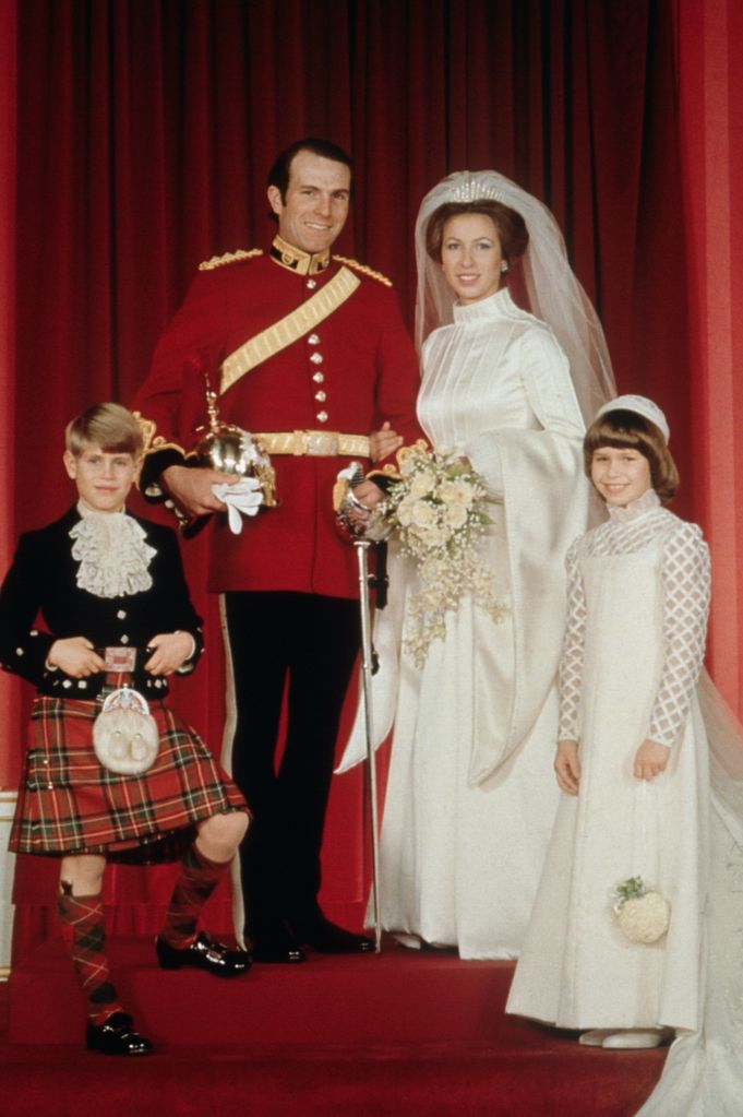 Princess Anne with Captain Mark Phillips on her wedding day, and Prince Edward and Lady Sarah Chatto