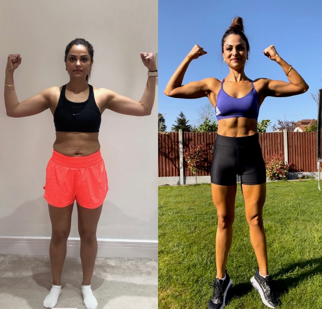 Rajni's before and after her transformation with muscles flexed