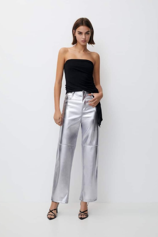 Cropped Straight Fit Metallic Trousers - Pull & Bear