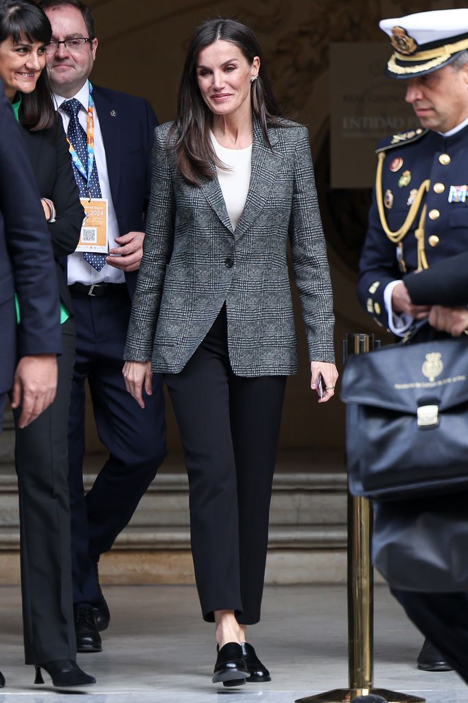 Queen Letizia of Spain in checked grey blazer 