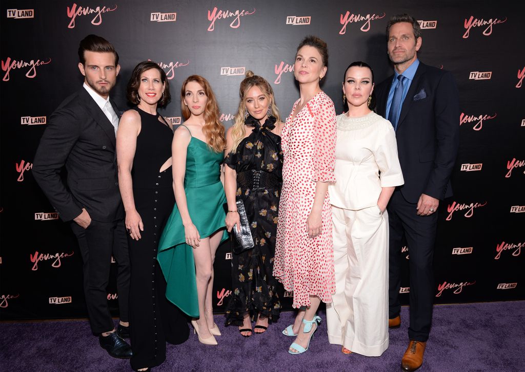 Nico Tortorella, Miriam Shor, Molly Bernard, Hilary Duff, Darren Star, Sutton Foster, Debi Mazar, and Peter Hermann attend the "Younger" season four premiere party on June 27, 2017 in New York City.