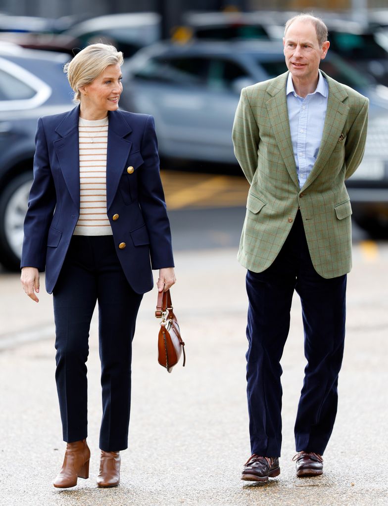 Sophie and Edward in smart-casual looks with blazers to the British Cycling National Track Championships 