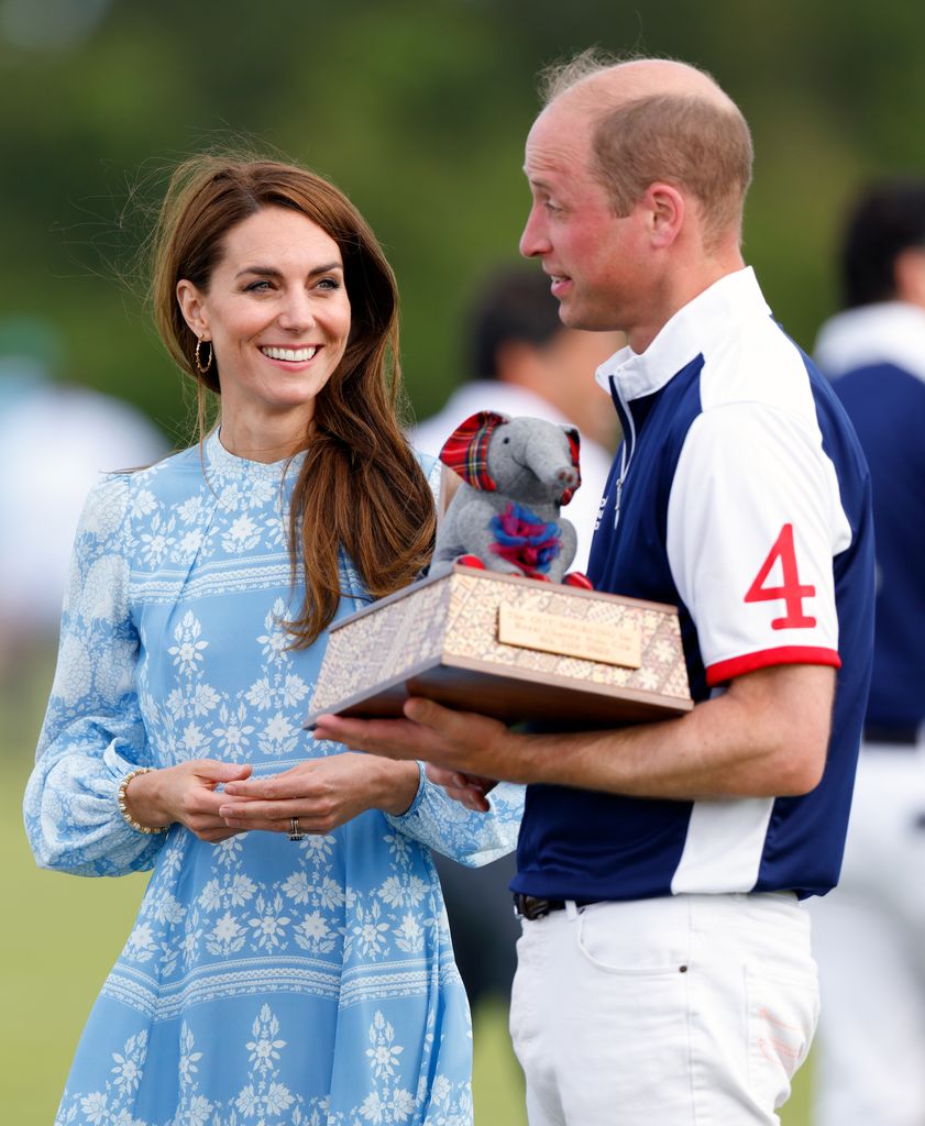 Kate Middleton, the Princess of Wales, wearing a blue dress at the Royal Charity Polo Cup 2023 at Guards Polo Club on July 6, 2023 