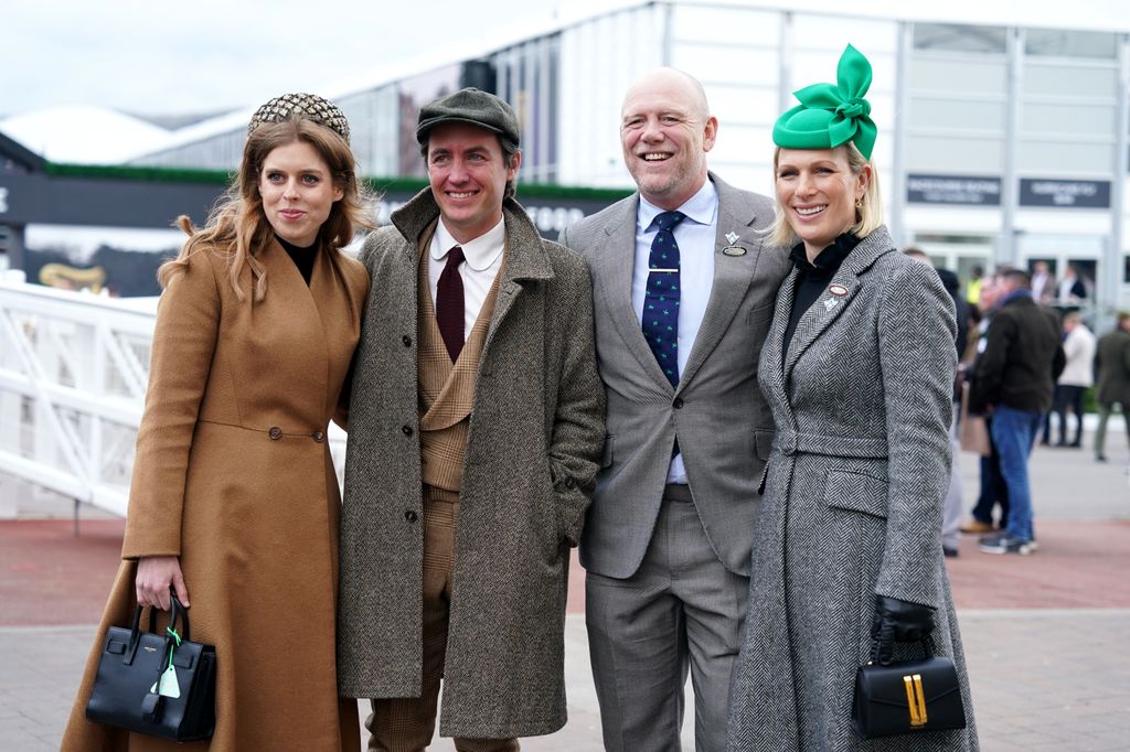 Princess Beatrice (left) with husband Edoardo Mapelli Mozzi, and Mike Tindall and Zara Tindall (right) on day three of the 2024 Cheltenham Festival 