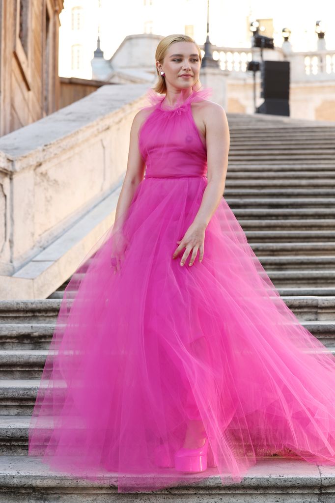Florence Pugh attends the Valentino Haute Couture Fall/Winter 22/23 fashion show  in pink sheer dress