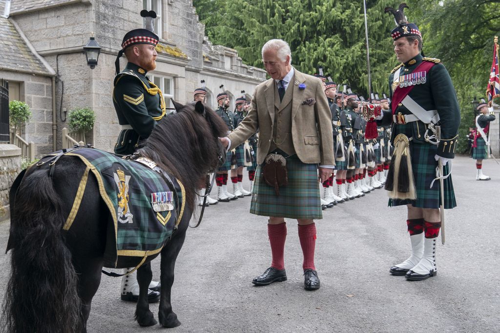 King Charles III meets Shetland pony Cpl Cruachan IV (mascot of the Royal Regiment of Scotland)