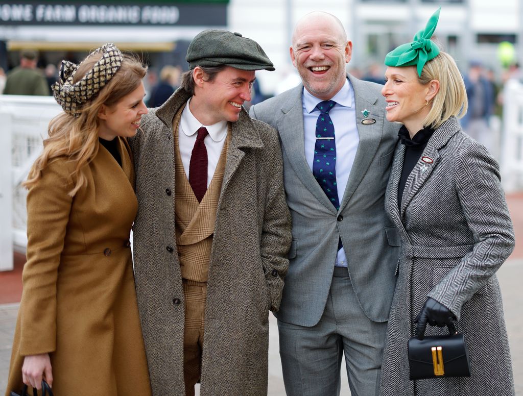 Princess Beatrice, Edoardo Mapelli Mozzi, Mike Tindall and Zara Tindall attend day 3 'St Patrick's Thursday' of the Cheltenham Festival at Cheltenham Racecourse on March 14, 2024 in Cheltenham, England