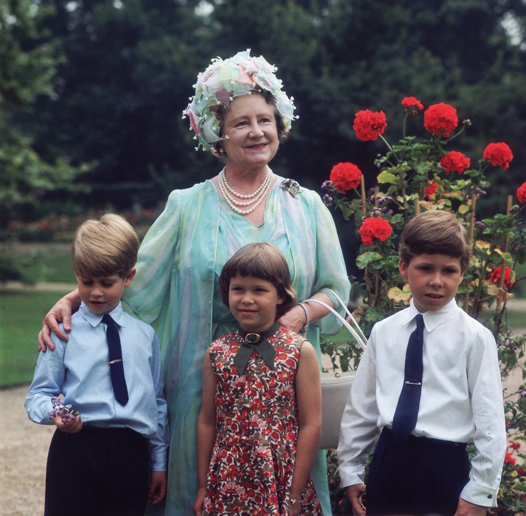 Prince Edward, David Armstrong-Jones and Lady Sarah Chatto with Queen Mother on her 70th birthday