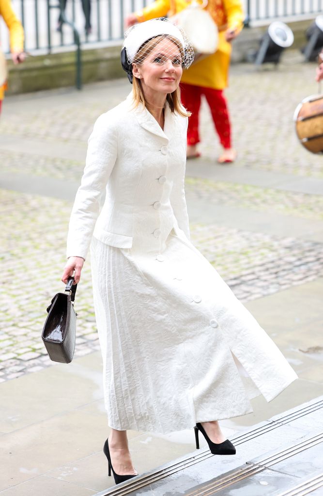 Geri Halliwell-Horner in a white coat and veiled hat at the 2024 Commonwealth Day Service