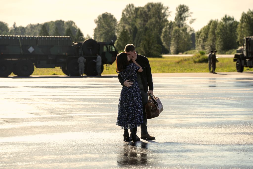 Peter and Rose kiss before he heads off on his first official mission as a Night Agent