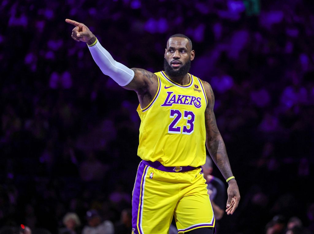LeBron James #23 of the Los Angeles Lakers gestures in the first half of the West semifinal game of the inaugural NBA In-Season Tournament against the New Orleans Pelicans at T-Mobile Arena on December 07, 2023 in Las Vegas, Nevada