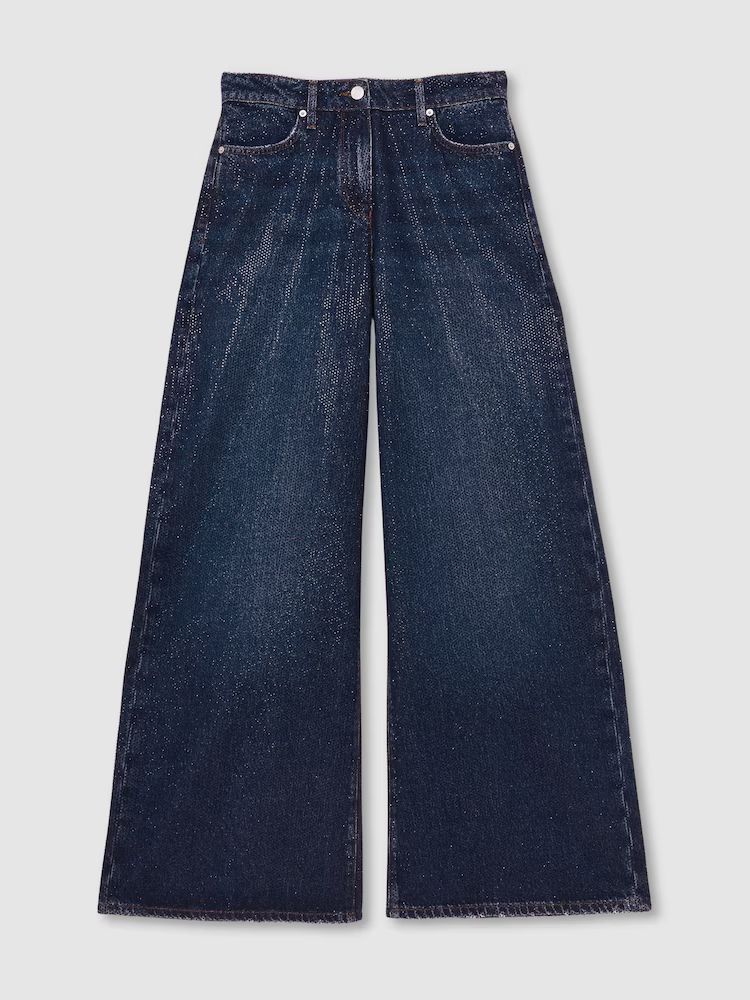 Wide-Leg Crystal-Embellished Jeans in Dark Blue
 reiss