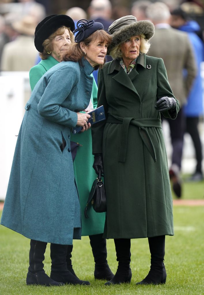 Queen Camilla watching the parade ring in khaki