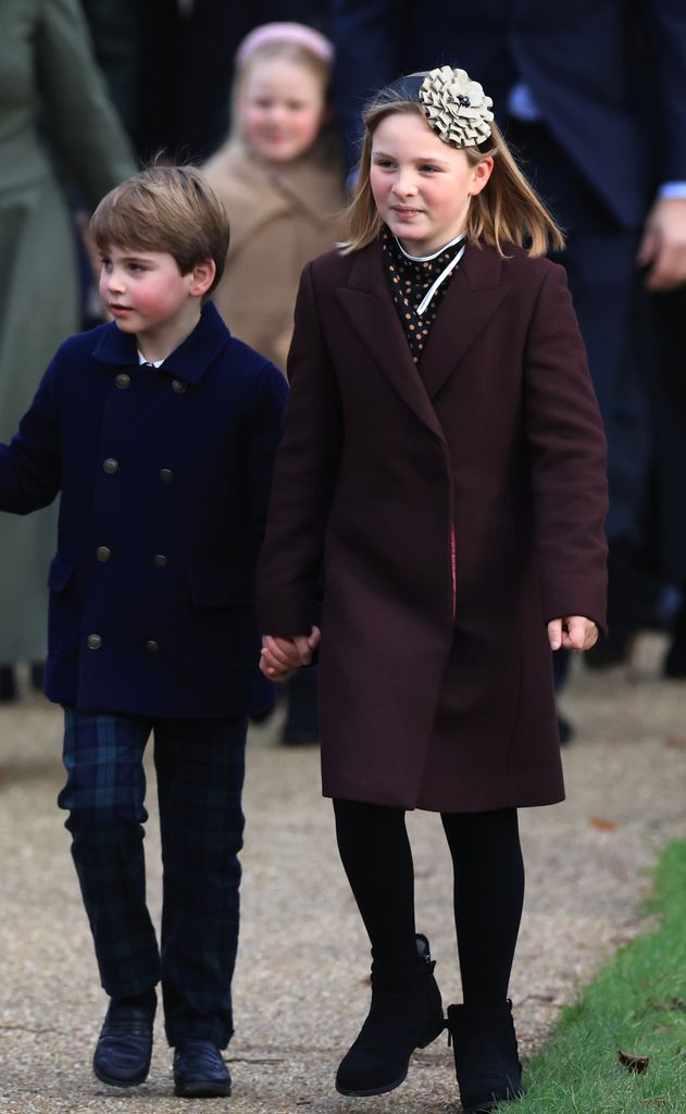 : Prince Louis and Mia Tindall attend the Christmas Morning Service at Sandringham Church on December 25, 2023 in Sandringham, Norfolk.