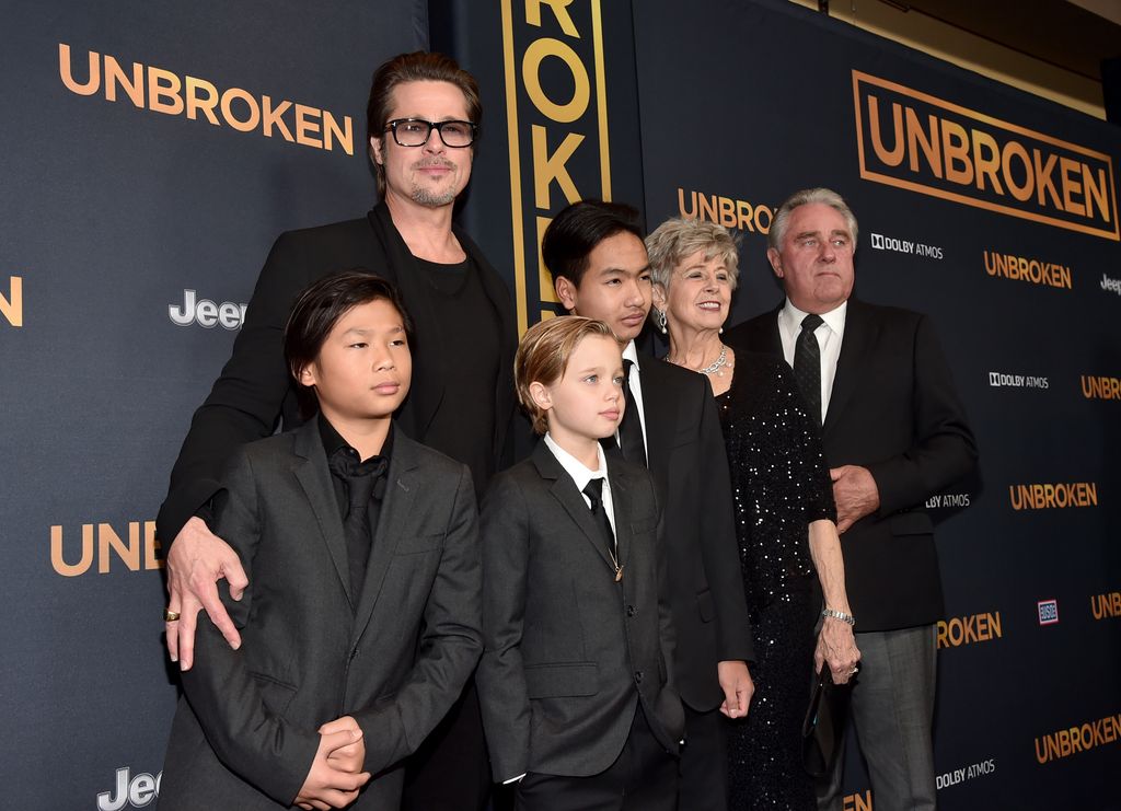 Actor Brad Pitt (C), (L-R) Pax Thien Jolie-Pitt, Shiloh Nouvel Jolie-Pitt,, Maddox Jolie-Pitt, Jane Pitt, and William Pitt attend the premiere of Universal Studios' "Unbroken" at TCL Chinese Theatre on December 15, 2014 in Hollywood, California
