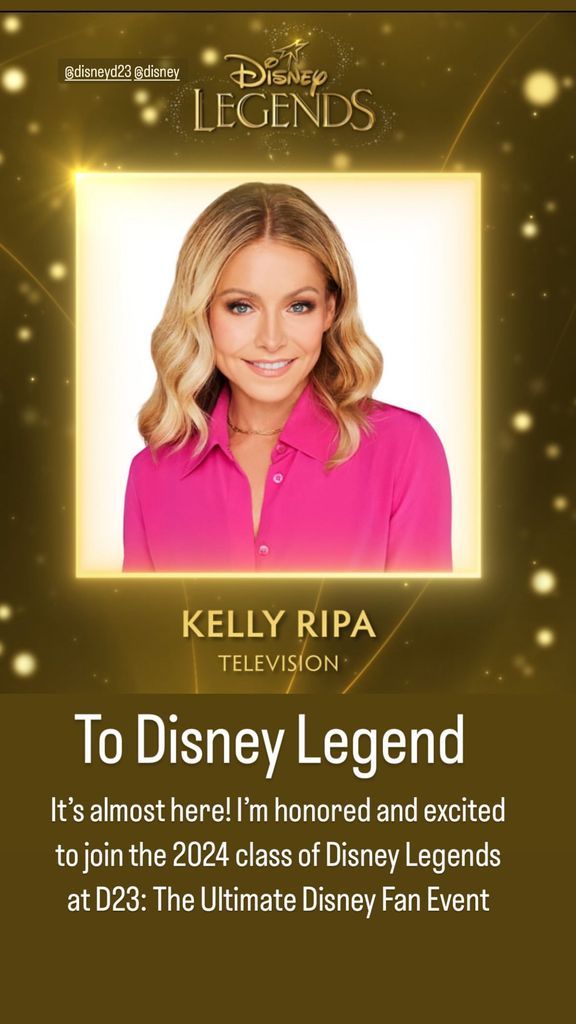 Kelly Ripa counts down to being named a Disney Legend at the D23 convention, shared on Instagram