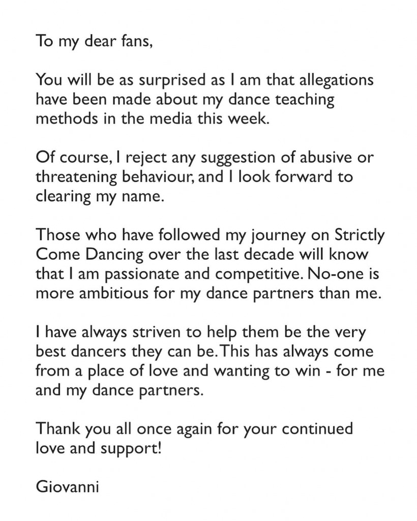Giovanni Pernice's statement regarding allegations