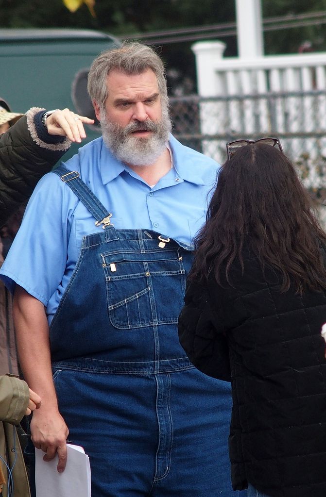 photo of david harbour with grey beard and padded suit wearing overalls