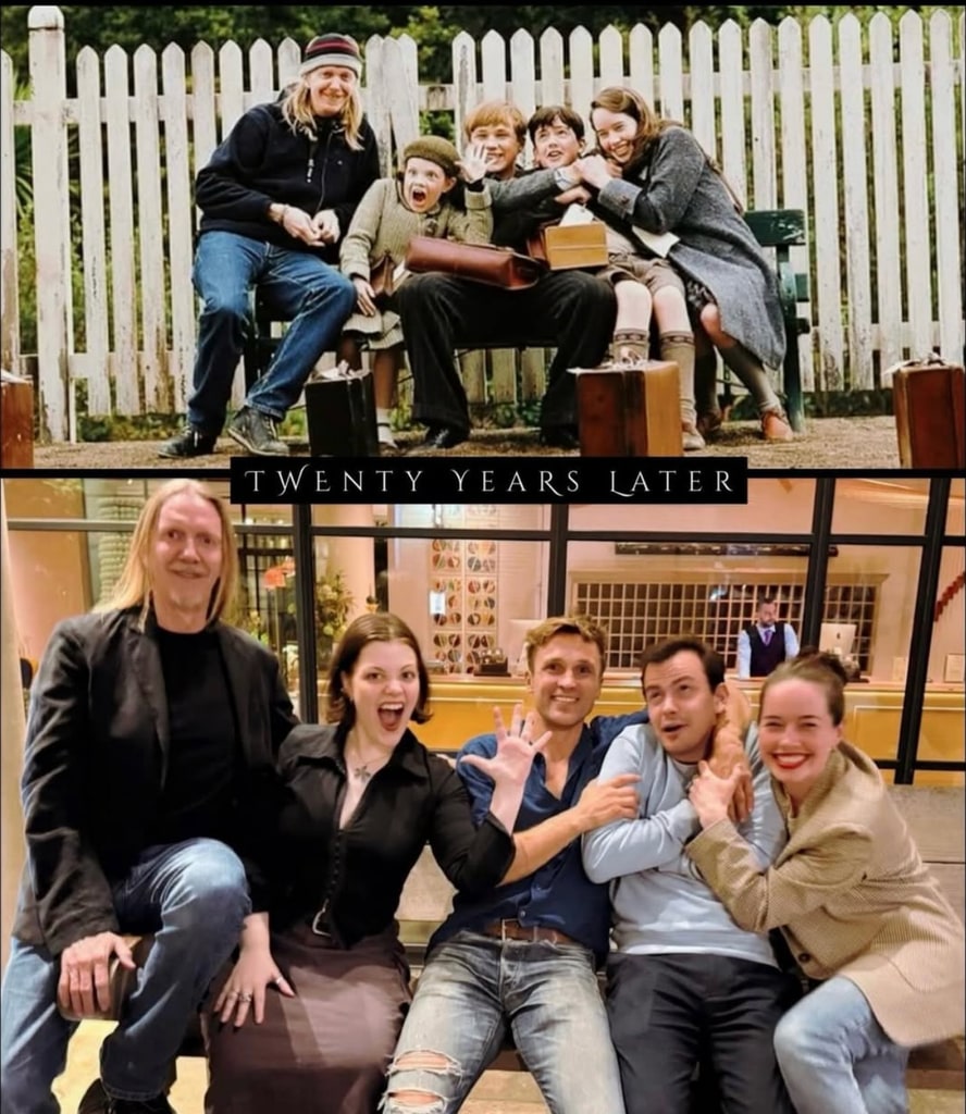 Before and after photo 20 years apart of the stars of Narnia with their director Andrew Adamson