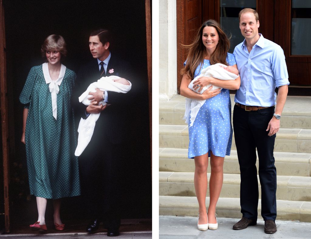 In this photo composite a comparison had been made between Prince Charles, Prince of Wales, Diana, Princess of Wales with newborn son Prince William (L) and Prince William, Duke of Cambridge, Catherine, Duchess of Cambridge, and their newborn son Prince George both leaving the Lindo Wing of St Mary's hospital