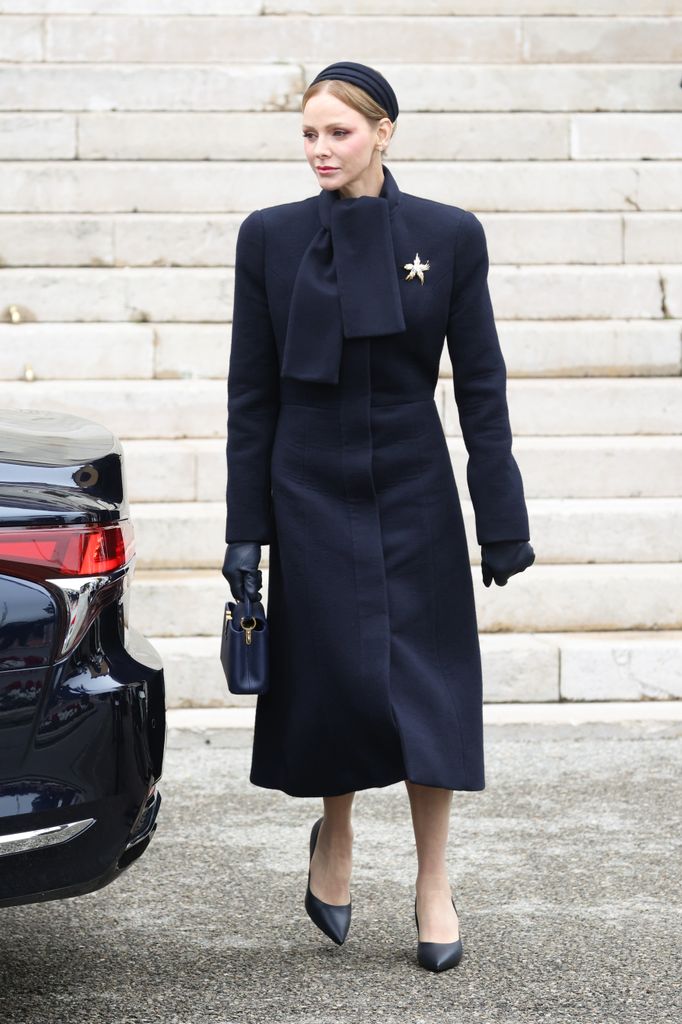 Princess Charlene in navy coat dress