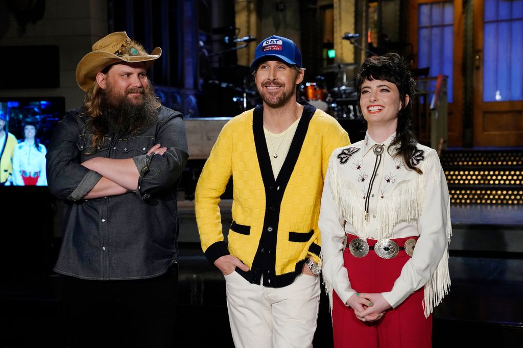 Chris Stapleton, host Ryan Gosling, and Sarah Sherman during SNL Promos in Studio 8H on Tuesday, April 11, 2024