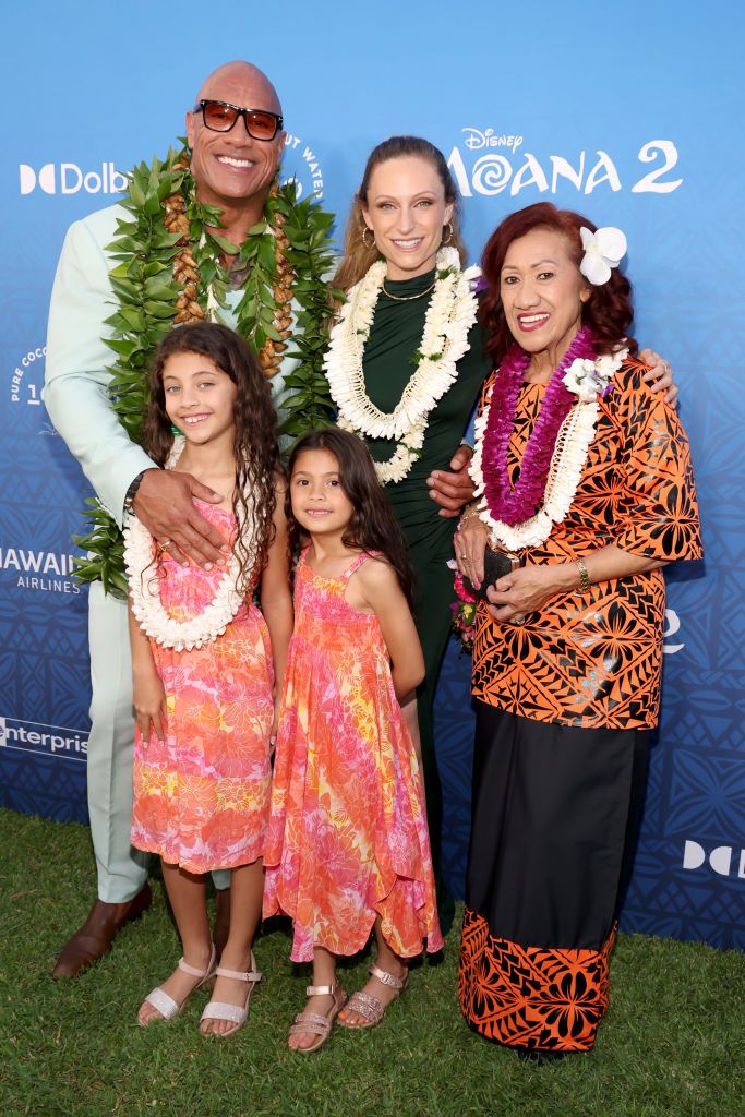 Dwayne brought his daughters Jasmine and Tiana, wife Lauren and mother Ata to the premiere