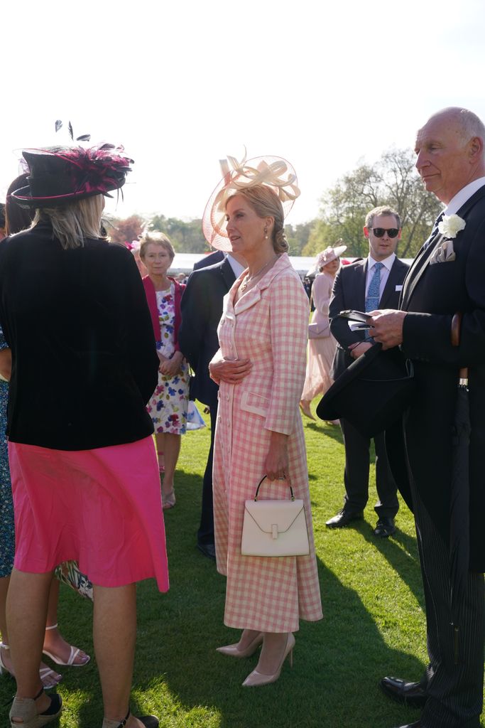 Sophie in fascinator and pink check dress talking in garden
