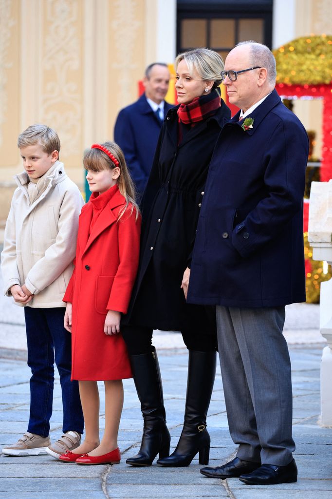 (From L) Prince Jacques of Monaco, Princess Gabriella of Monaco, Princess Charlene of Monaco and Prince Albert II of Monaco attend the traditional Christmas tree ceremony