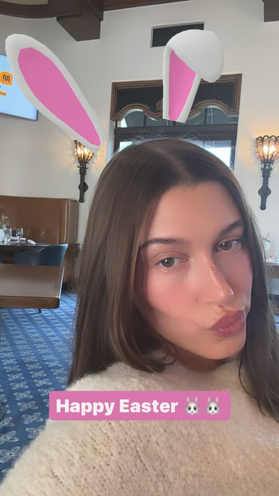 Hailey Bieber with a bunny filter