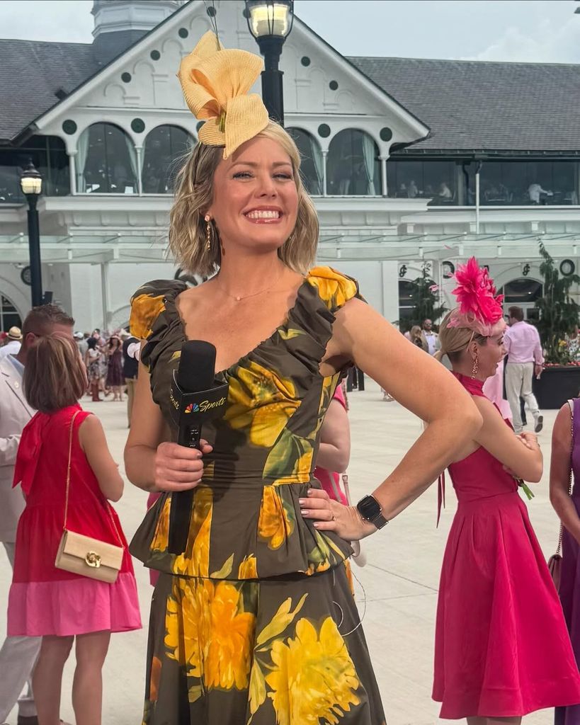Dylan in a brown and honey yellow toned dress and skirt 