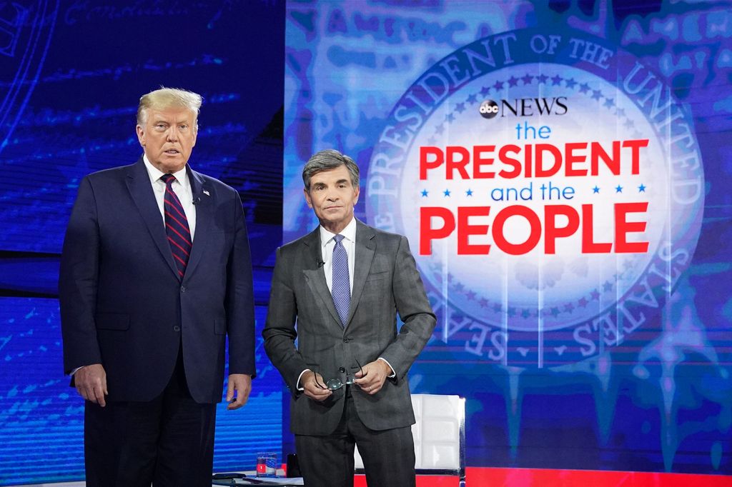 US President Donald Trump poses with ABC New anchor George Stephanopoulos ahead of a town hall event at the National Constitution Center in Philadelphia, Pennsylvania on September 15, 2020