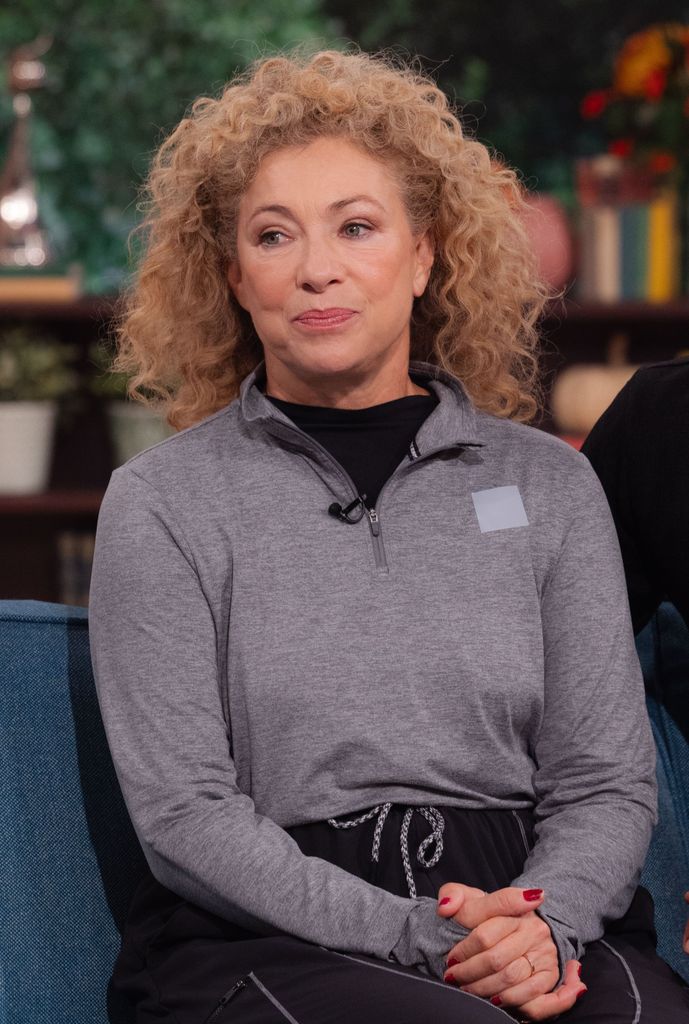 Alex Kingston on This Morning sofa in grey top