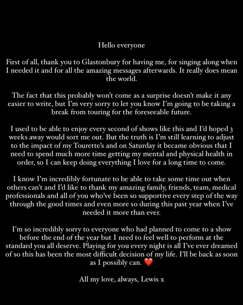 Lewis Capaldi's statement about pulling out of the tour