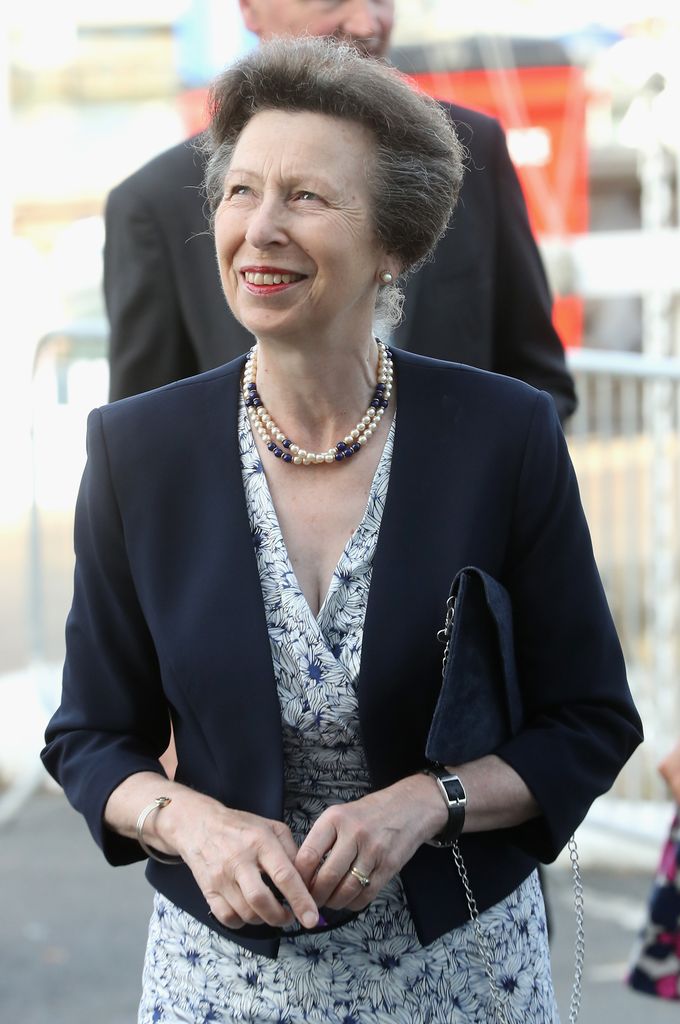 Princess Anne wearing floral dress and blazer at Royal London Yacht Club Champagne Party 