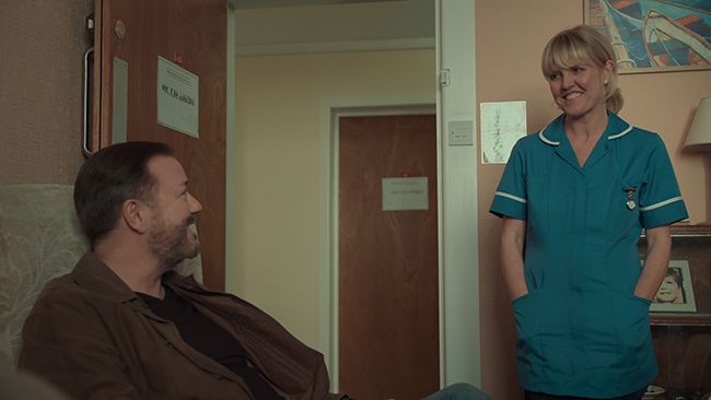 Ashley Jensen smiles at Ricky Gervais in After Life