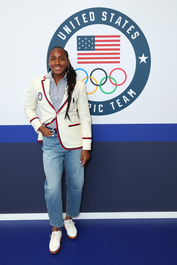 U.S. Olympian Coco Gauff celebrates her announcement as the US Flag Bearer at the Team USA Welcome Experience ahead of Paris 2024 on July 23, 2024 in Paris, France. (Photo by Joe Scarnici/Getty Images for USOPC)