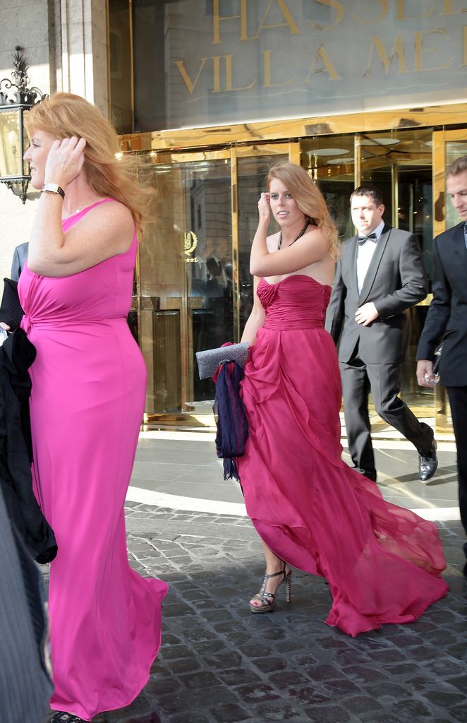 Sarah Ferguson and Princess Beatrice in similar pink wedding guest dresses
