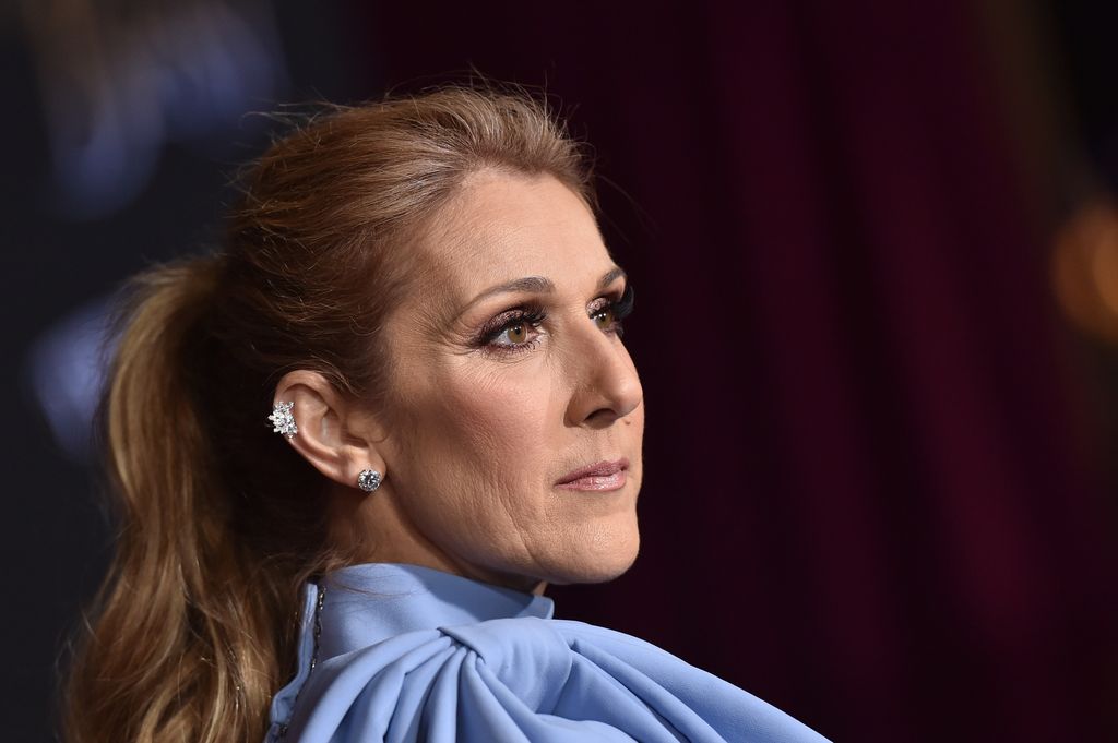 Celine Dion looks serious in a powder blue top