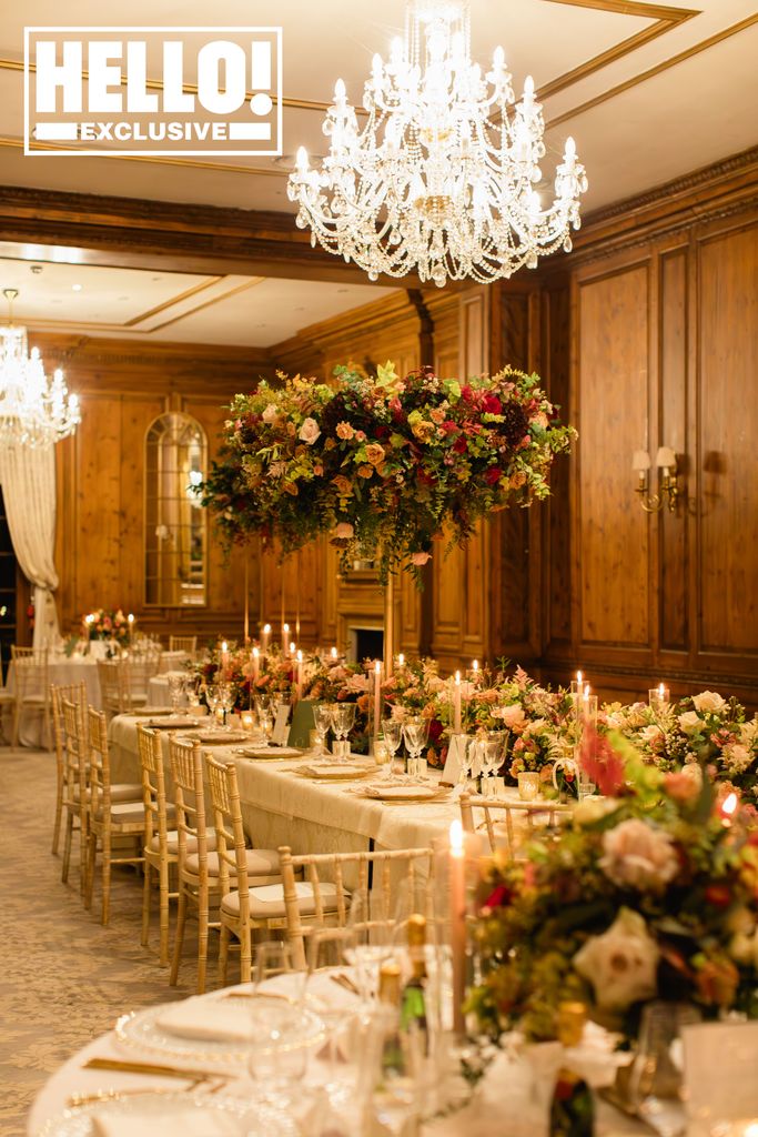 Maeva D'Ascanio and James Taylor full length shot of wedding reception tables and flowers