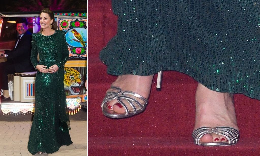 split screen collage of princess kate in a green dress with silver sparkly shoes